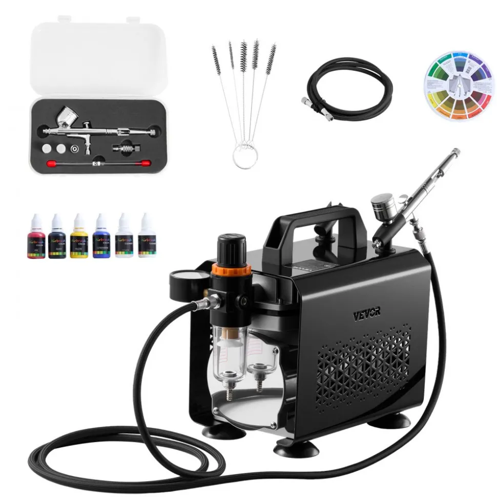 VEVOR Airbrush Kit, 1/6 HP, Air Brush Kit with Air Compressor and Tank, 3 Dual-Action Professional Airbrushes with 3 Tips, Hose, Acrylic Paint, 2 Fans, for Cake Decorating, Model Painting, Nail Art