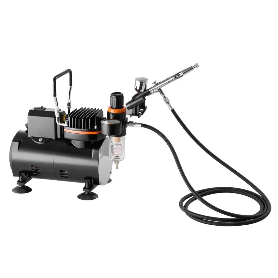 VEVOR Airbrush Kit, 1/6 HP, Air Brush Kit with Air Compressor, 1 Dual-Action Professional Airbrush with 3 Tips, Hose, Holder, Cleaning Set, Low Noise, for Cake Decorating, Model Painting, Nail Art