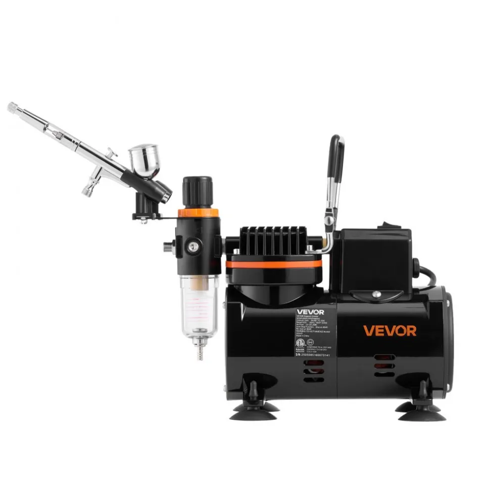 VEVOR Airbrush Kit, 1/6 HP, Air Brush Kit with Air Compressor, 1 Dual-Action Professional Airbrush with 3 Tips, Hose, Holder, Cleaning Set, Low Noise, for Cake Decorating, Model Painting, Nail Art