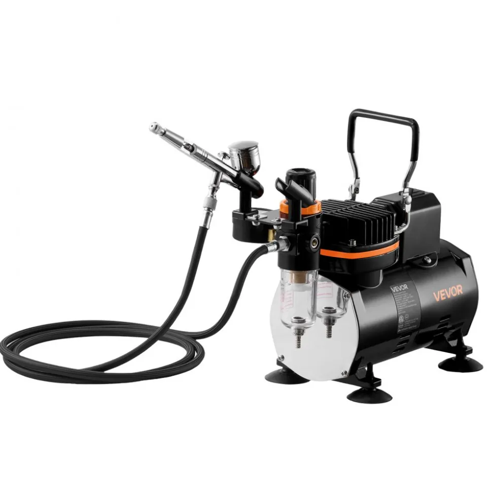 VEVOR Airbrush Kit, 1/6 HP, Air Brush Kit with Air Compressor, 1 Dual-Action Professional Airbrush with 3 Tips, Hose, Holder, Cleaning Set, Low Noise, for Cake Decorating, Model Painting, Nail Art