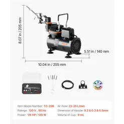 VEVOR Airbrush Kit, 1/6 HP, Air Brush Kit with Air Compressor, 1 Dual-Action Professional Airbrush with 3 Tips, Hose, Holder, Cleaning Set, Low Noise, for Cake Decorating, Model Painting, Nail Art