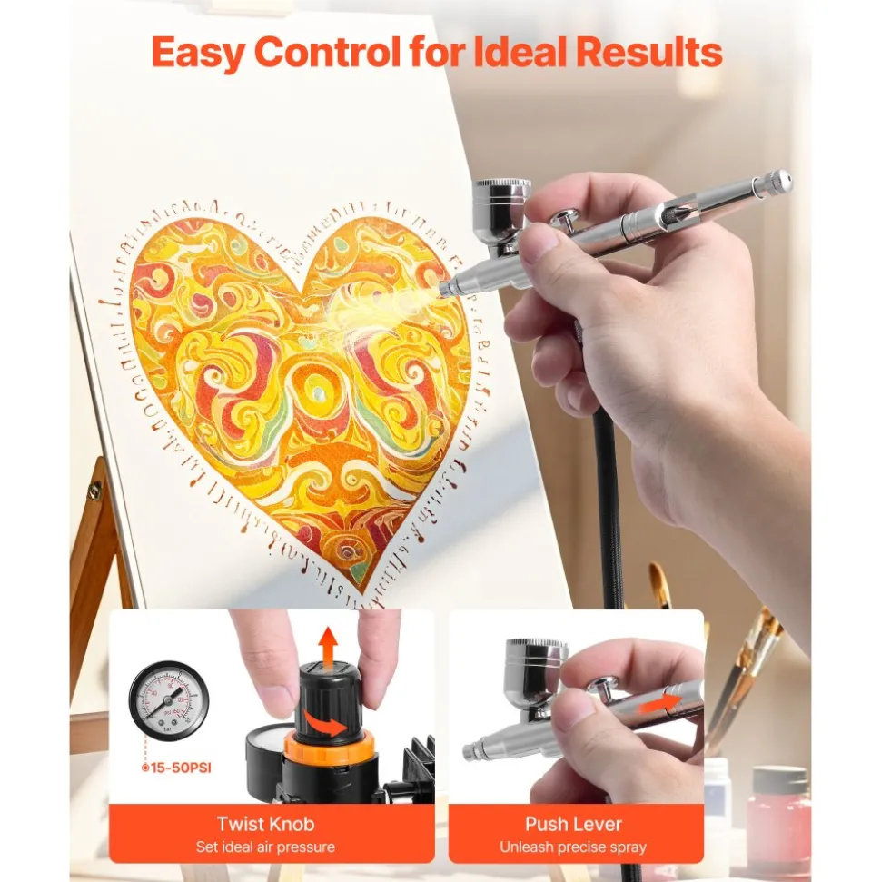 VEVOR Airbrush Kit, 1/6 HP, Air Brush Kit with Air Compressor, 1 Dual-Action Professional Airbrush with 3 Tips, Hose, Holder, Cleaning Set, Low Noise, for Cake Decorating, Model Painting, Nail Art