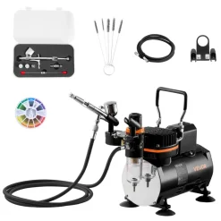 VEVOR Airbrush Kit, 1/6 HP, Air Brush Kit with Air Compressor, 1 Dual-Action Professional Airbrush with 3 Tips, Hose, Holder, Cleaning Set, Low Noise, for Cake Decorating, Model Painting, Nail Art