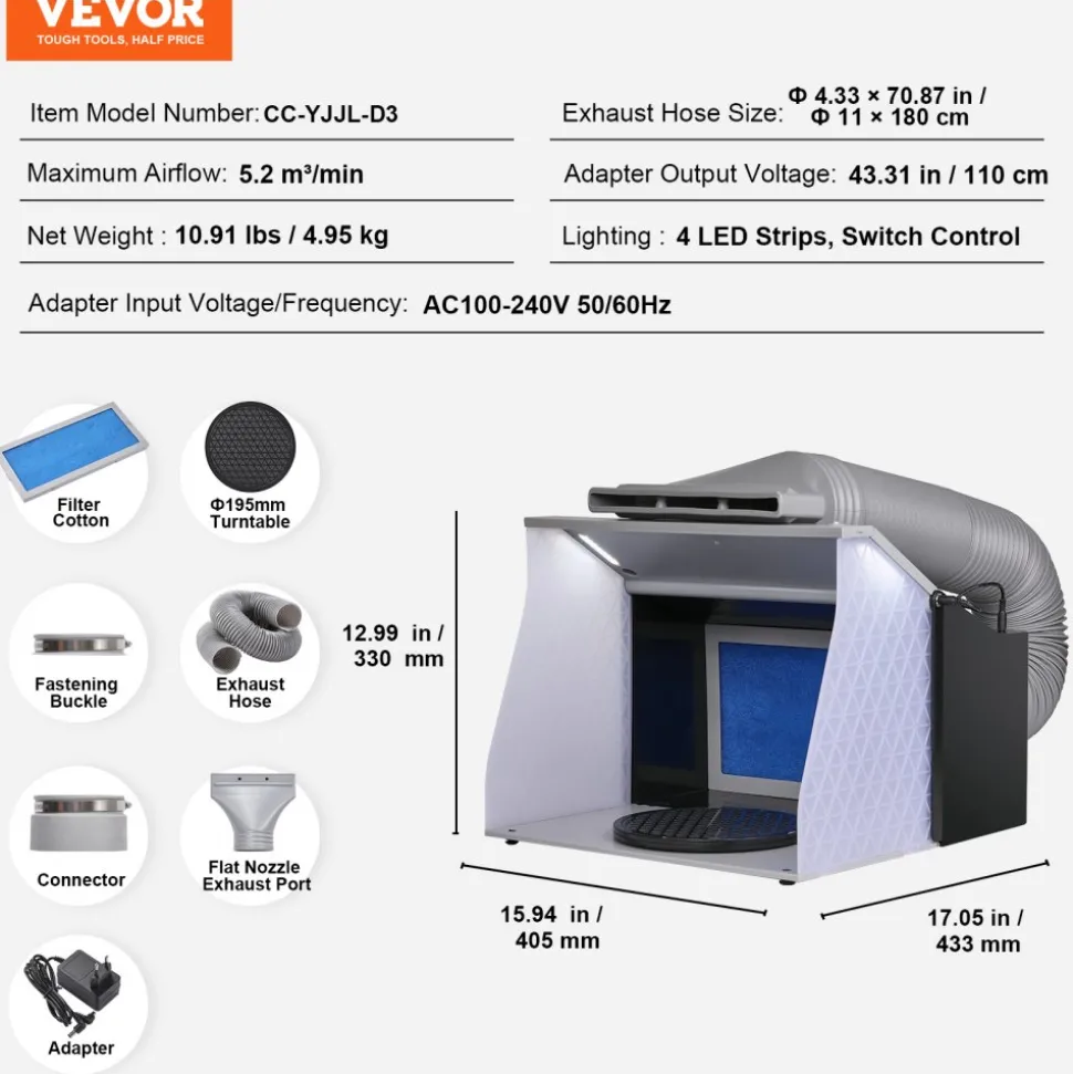 VEVOR Airbrush Spray Booth, Portable Hobby Airbrush Paint Spray Booth Kit with 4 LED Light, Powerful Dual Exhaust Fans, Turntable and 6 ft Extension Hose, for Painting Models, Arts, Crafts, Cakes