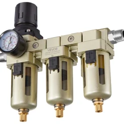 VEVOR Air Compressor Filter Regulator, 3/8" NPT 3-Stage Air Compressor Water Separator with 5μm/1μm/0.01μm Micron Filter Elements, Semi Auto Drain Air-Drying System 145PSI Max Pressure, Poly Bowl