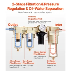 VEVOR Air Compressor Filter Regulator Combo, 1/2" NPT 3-Stage 25μm & 5μm & 0.3μm Compressed Air Drying System with Micron Filters & Oil-Water Separator, Semi-Auto Drain, 175PSI Max Working Pressure