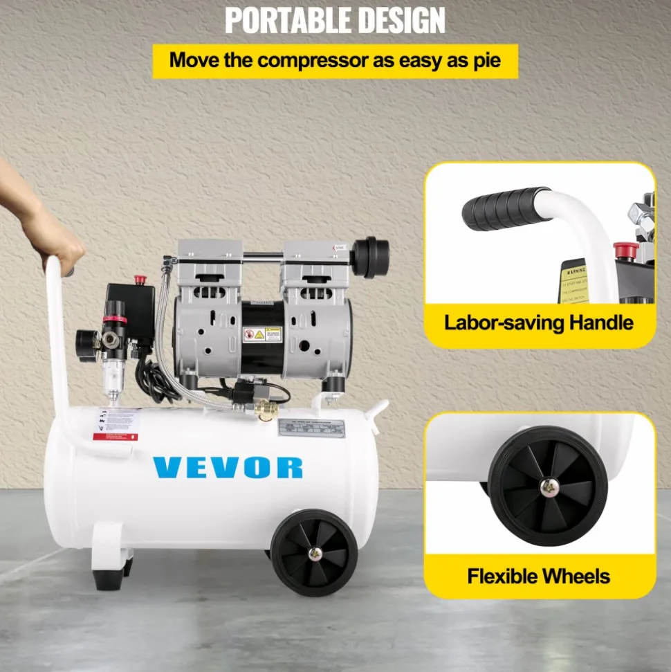 VEVOR Air Compressor 6.6 Gallon, Portable Air Compressor 1 HP, Oil Free Air Compressor Steel Tank 750W, Pancake Air Compressor 115 PSI, Ultra Quiet Compressor for Home Repair, Tire Inflation