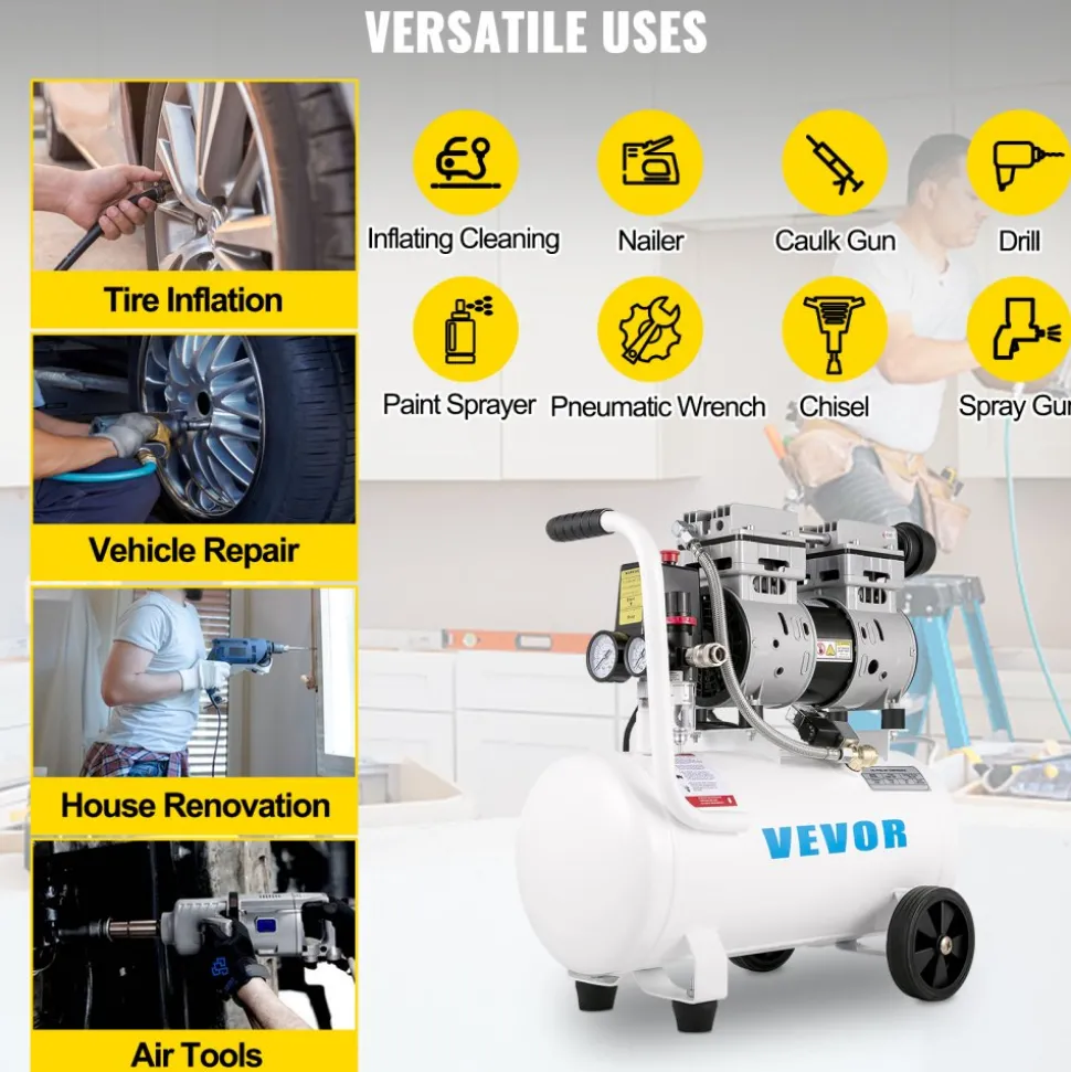 VEVOR Air Compressor 6.6 Gallon, Portable Air Compressor 1 HP, Oil Free Air Compressor Steel Tank 750W, Pancake Air Compressor 115 PSI, Ultra Quiet Compressor for Home Repair, Tire Inflation