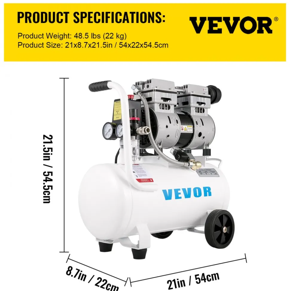 VEVOR Air Compressor 6.6 Gallon, Portable Air Compressor 1 HP, Oil Free Air Compressor Steel Tank 750W, Pancake Air Compressor 115 PSI, Ultra Quiet Compressor for Home Repair, Tire Inflation