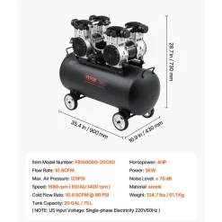 VEVOR Air Compressor, 20 Gallon Steel Tank, 4HP 10.6 CFM@90 PSI Oil Free Air Compressor & Max. 125PSI Pressure, 78dB Ultra Quiet Portable Compressor, for Auto Repair, Tire Inflation, Spray Painting