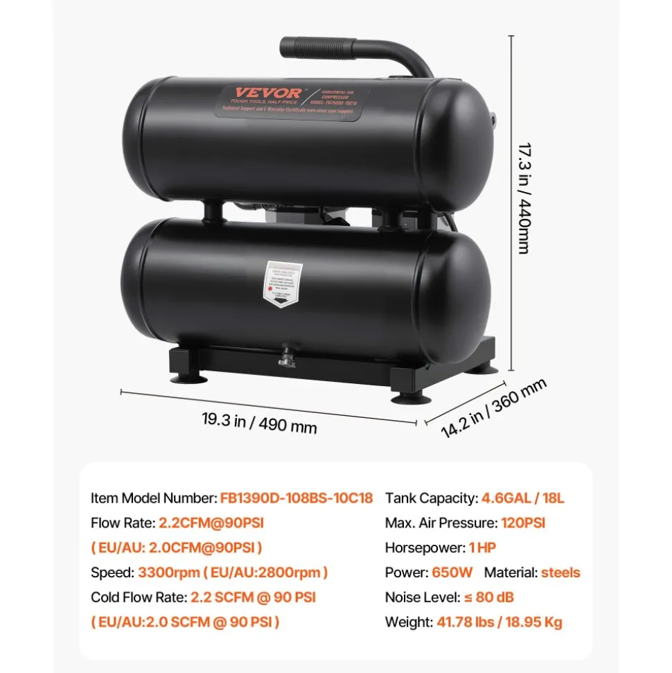 VEVOR Air Compressor, 4.6 Gallon Steel Tank, 1HP 2.2 CFM@90 PSI Oil Free Air Compressor & Max. 120PSI Pressure, 80dB Ultra Quiet Portable Compressor, for Auto Repair, Tire Inflation, Spray Painting
