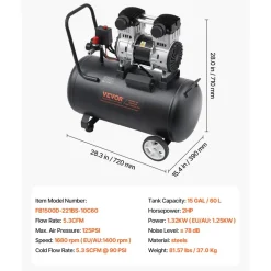 VEVOR Air Compressor, 15 Gallon Steel Tank, 2HP 5.3 CFM@90 PSI Oil Free Air Compressor & Max. 125PSI Pressure, 78dB Ultra Quiet Portable Compressor, for Auto Repair, Tire Inflation, Spray Painting