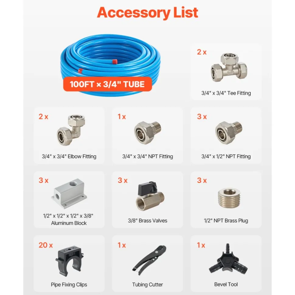 VEVOR Air Compressor Line Kit, 100FT x 3/4", HDPE-Aluminum Compressed Air Piping System, Leak-Proof, Pressure-Resistant & Easy-to-Install, Compressed Air Line Tubing Kit for Garages Workshops, Blue