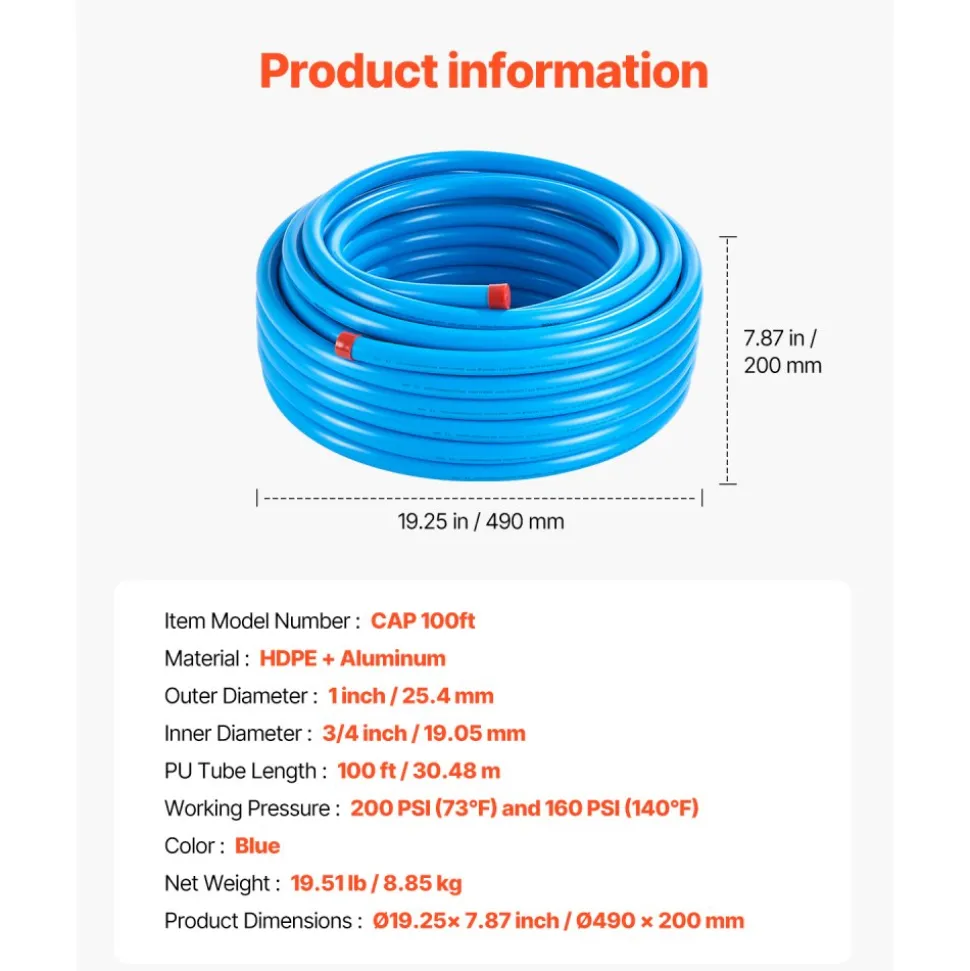 VEVOR Air Compressor Line Kit, 100FT x 3/4", HDPE-Aluminum Compressed Air Piping System, Leak-Proof, Pressure-Resistant & Easy-to-Install, Compressed Air Line Tubing Kit for Garages Workshops, Blue