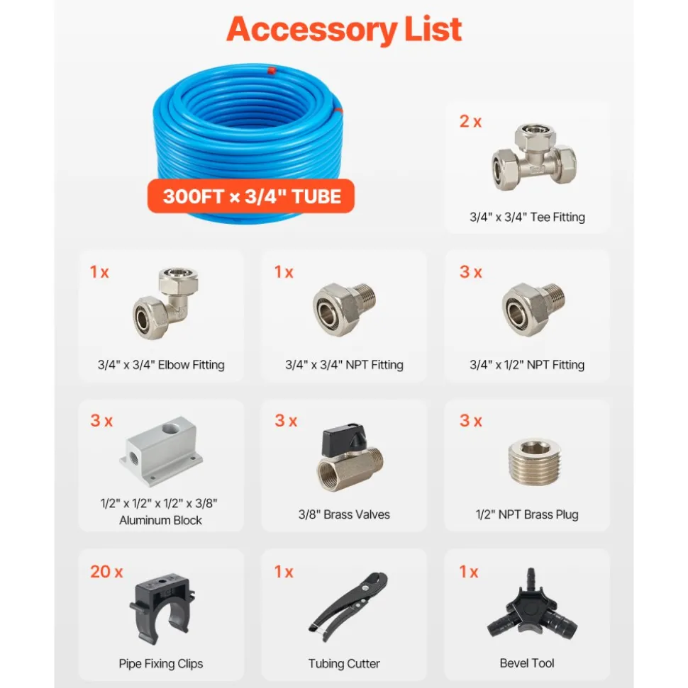 VEVOR Air Compressor Line Kit, 300FT x 3/4", HDPE-Aluminum Compressed Air Piping System, Leak-Proof, Pressure-Resistant & Easy-to-Install, Compressed Air Line Tubing Kit for Garages Workshops, Blue
