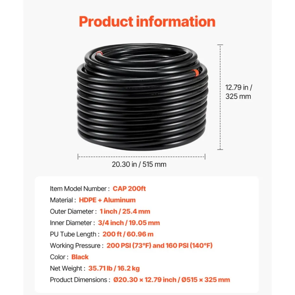 VEVOR Air Compressor Line Kit, 200FT x 3/4", HDPE-Aluminum Compressed Air Piping System, Leak-Proof & Easy-to-Install, Compressed Air Line Tubing Kit for Garages Workshops, Black