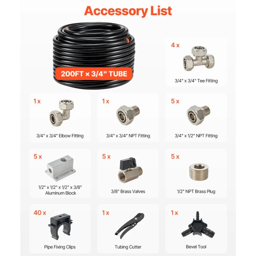 VEVOR Air Compressor Line Kit, 200FT x 3/4", HDPE-Aluminum Compressed Air Piping System, Leak-Proof & Easy-to-Install, Compressed Air Line Tubing Kit for Garages Workshops, Black