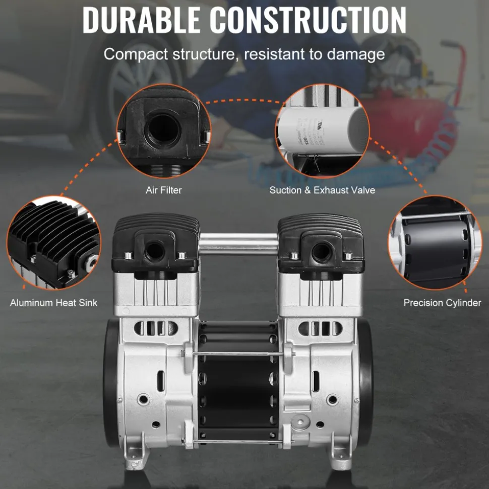 VEVOR Air Compressor Motor, 2HP 5.2CFM @ 90PSI Oil Free Air Compressor Pump & Max. 145PSI Pressure, 78dB Ultra-Quiet Compressor Motor for Auto Repair, Tire Inflation, Spray Painting, Woodwork Nailing