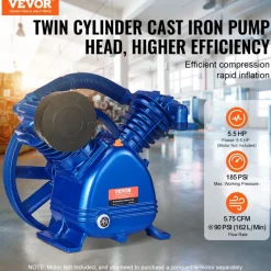 VEVOR Air Compressor Pump Head, 5.5HP 5.75CFM @ 90PSI, Twin Cylinder Oil Lubricated Air Compressor Piston Pump Head, Dual Stage V-Type Cast Iron Air Compressor Pump Replacement with Max. 185PSI Pressure