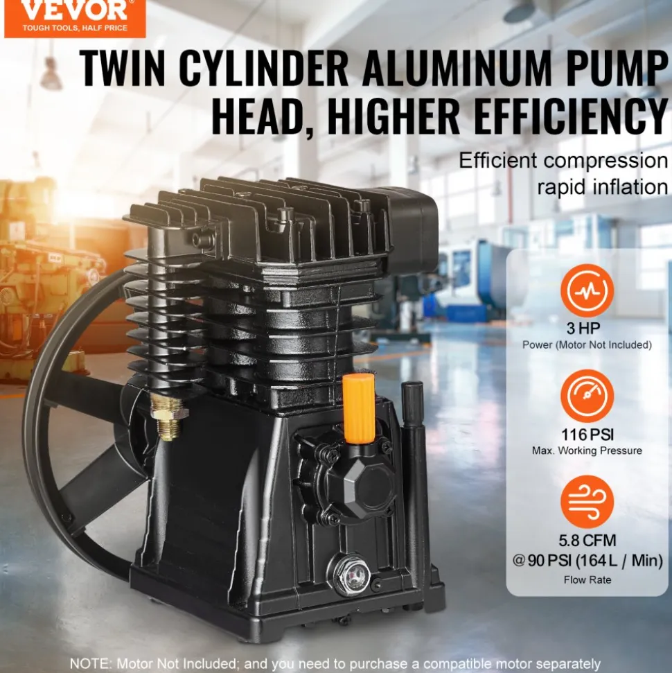 VEVOR Air Compressor Pump Head, 3HP 5.8CFM @ 90PSI, Twin Cylinder Oil Lubricated Air Compressor Piston Pump Head, Single-Stage Aluminum Air Compressor Pump Replacement with Max. 116PSI Pressure