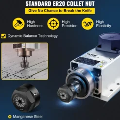 VEVOR Air Cooled Spindle Motor 2.2KW CNC Spindle Motor 220V Square Air Cooled Spindle Motor ER20 Collet 24000 RPM CNC Spindle 6A Spindle Motor 400 Hz for CNC Router Engraving Milling Machine