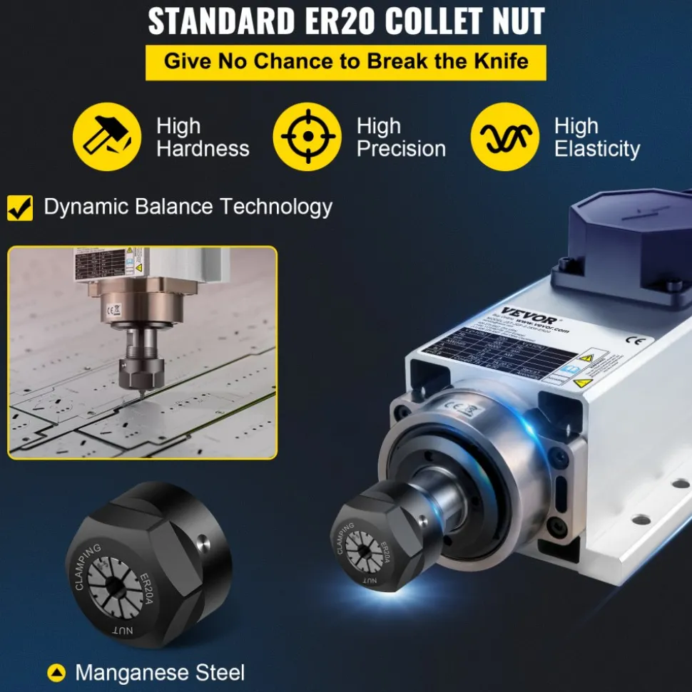 VEVOR Air Cooled Spindle Motor 2.2KW CNC Spindle Motor 220V Square Air Cooled Spindle Motor ER20 Collet 24000 RPM CNC Spindle 6A Spindle Motor 400 Hz for CNC Router Engraving Milling Machine