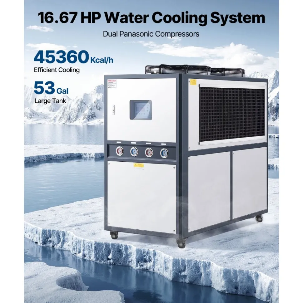VEVOR Air-Cooled Water Chiller, 16.67 HP, Industrial Water Chiller with 45,360 Kcal/h Cooling Capacity, Dual Compressor, 53 Gal Large Tank, LED Display, Cooler for Cooling Water, Not Air Conditioner