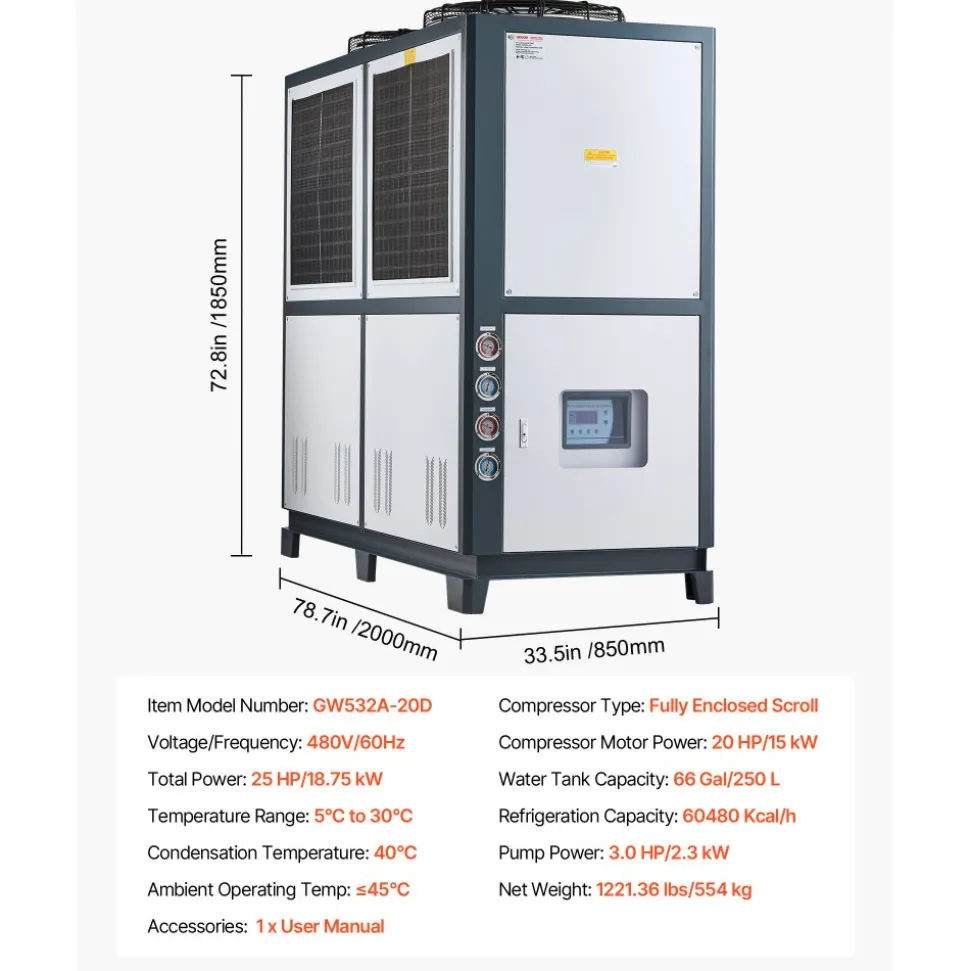 VEVOR Air-Cooled Water Chiller, 25 HP, Industrial Water Chiller with 60,480 Kcal/h Cooling Capacity, Dual Compressor, 53 Gal Large Tank, LED Display, Cooler for Cooling Water, Not Air Conditioner