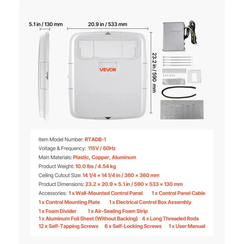 VEVOR Air Distribution Box, 115V Non-Ducted RV Air Conditioner ADB Unit with Operating Panel, Detachable Filter, and Four-Way Airflow, Used for VEVOR Non-Ducted Cooling-Only Rooftop RV AC Unit, White