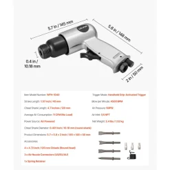 VEVOR Air Hammer, 3500BPM Pneumatic Hammer with 2.76 inch Stroke & 4PCS Chisels Round Shank, Pistol-Grip Compact Air Chisel Pneumatic Shovel Tool for Cutting Punching Scraping