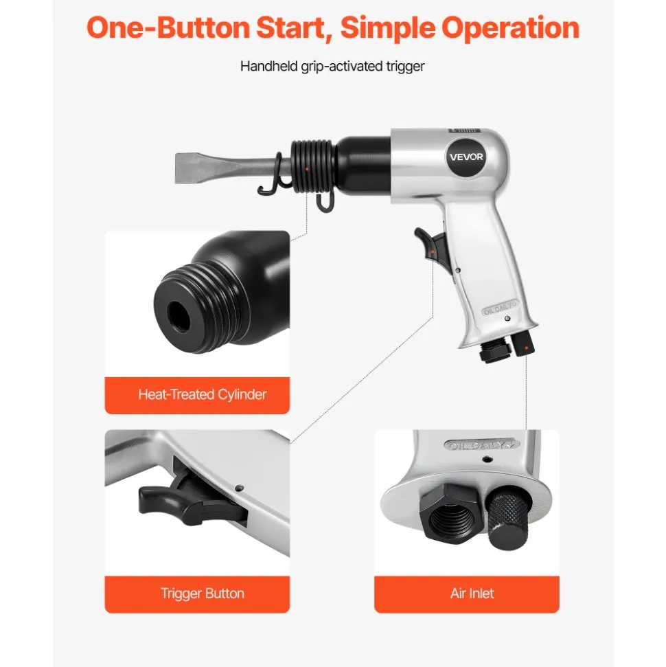 VEVOR Air Hammer, 3500BPM Pneumatic Hammer with 2.76 inch Stroke & 4PCS Chisels Round Shank, Pistol-Grip Compact Air Chisel Pneumatic Shovel Tool for Cutting Punching Scraping