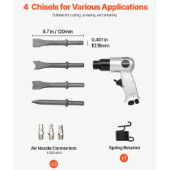 VEVOR Air Hammer, 3500BPM Pneumatic Hammer with 2.76 inch Stroke & 4PCS Chisels Round Shank, Pistol-Grip Compact Air Chisel Pneumatic Shovel Tool for Cutting Punching Scraping