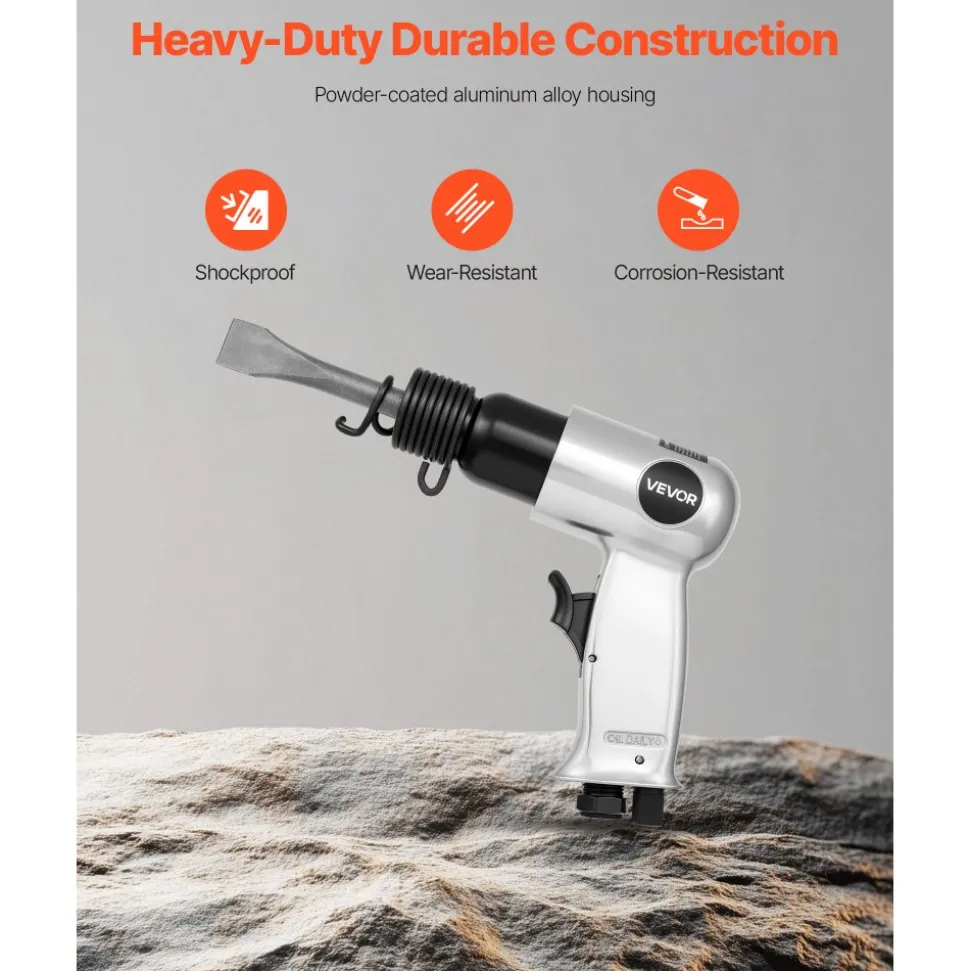 VEVOR Air Hammer, 3500BPM Pneumatic Hammer with 2.76 inch Stroke & 4PCS Chisels Round Shank, Pistol-Grip Compact Air Chisel Pneumatic Shovel Tool for Cutting Punching Scraping