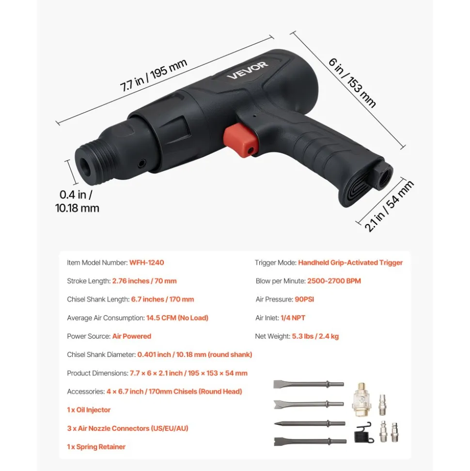 VEVOR Air Hammer, 2500-2700BPM Pneumatic Hammer with 2.76-inch Stroke & 4PCS 6.7" Long Barrel Chisels, Pistol-Grip Compact Air Chisel Pneumatic Shovel Tool for Cutting Scraping Demolishing