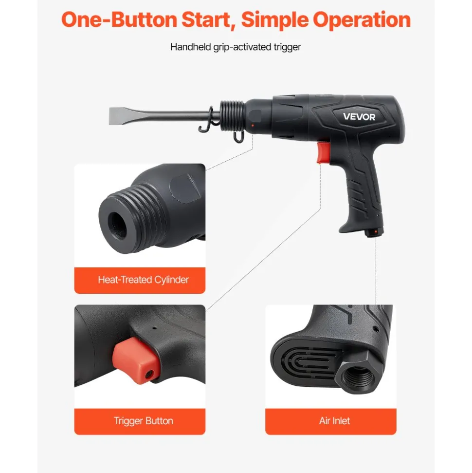 VEVOR Air Hammer, 2500-2700BPM Pneumatic Hammer with 2.76-inch Stroke & 4PCS 6.7" Long Barrel Chisels, Pistol-Grip Compact Air Chisel Pneumatic Shovel Tool for Cutting Scraping Demolishing