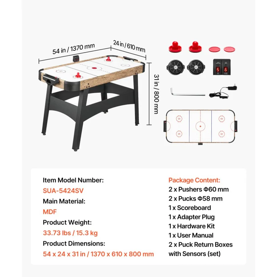 VEVOR 54" Air Hockey Table with Electronic Scorer & High-powered Blower, for Family Game Room, Basements and Home Air Powered Hockey Arcade Game Table Set with Pushers & Pucks, Stable Leg