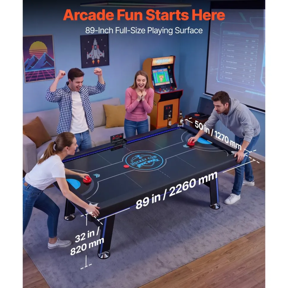 VEVOR 89" Air Hockey Table with LED Lights & Electronic Scorer, for Family Game Room, Basements, Home, Air Powered Hockey Arcade Game Table Set with High-powered Blower, Stable H-shaped Leg