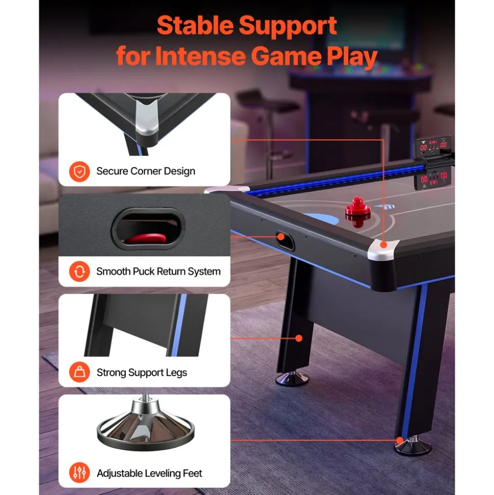VEVOR 89" Air Hockey Table with LED Lights & Electronic Scorer, for Family Game Room, Basements, Home, Air Powered Hockey Arcade Game Table Set with High-powered Blower, Stable H-shaped Leg