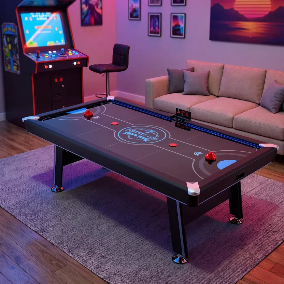 VEVOR 89" Air Hockey Table with LED Lights & Electronic Scorer, for Family Game Room, Basements, Home, Air Powered Hockey Arcade Game Table Set with High-powered Blower, Stable H-shaped Leg