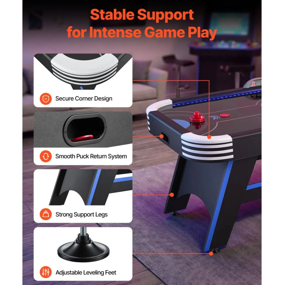 VEVOR 72" Air Hockey Table with LED Lights & Electronic Scorer, for Family Game Room, Basements and Home, Air Powered Hockey Arcade Game Table Set with High-powered Blower, Stable Leg