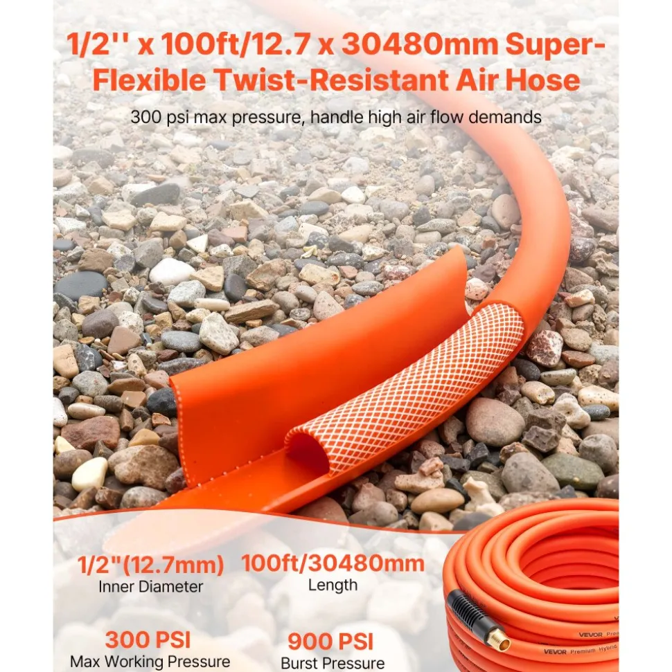 VEVOR Air Hose, 1/2" x 50FT Hybrid Air Compressor Hose, 300 PSI Kink-Resistant Pneumatic Hoses with 1/2-inch Solid MNPT Bras Fittings, Three-Layer Construction, All-Weather Flexibility