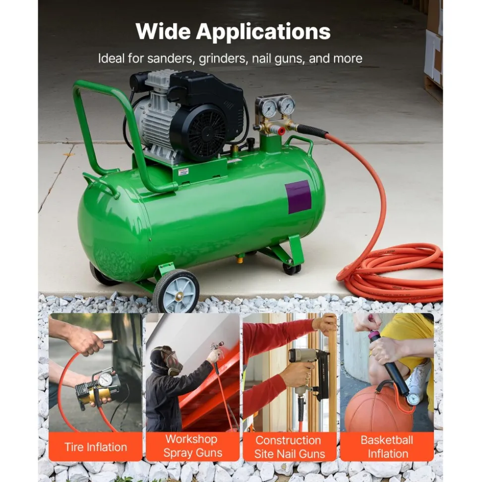 VEVOR Air Hose, 1/2" x 50FT Hybrid Air Compressor Hose, 300 PSI Kink-Resistant Pneumatic Hoses with 1/2-inch Solid MNPT Bras Fittings, Three-Layer Construction, All-Weather Flexibility