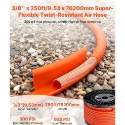 VEVOR Air Hose, 3/8'' x 250FT Hybrid Air Compressor Hose, 300 PSI Kink-Resistant Pneumatic Hoses with Three-Layer Construction for Auto & Home DIY Projetcs, All-Weather Flexibility (No Fittings)