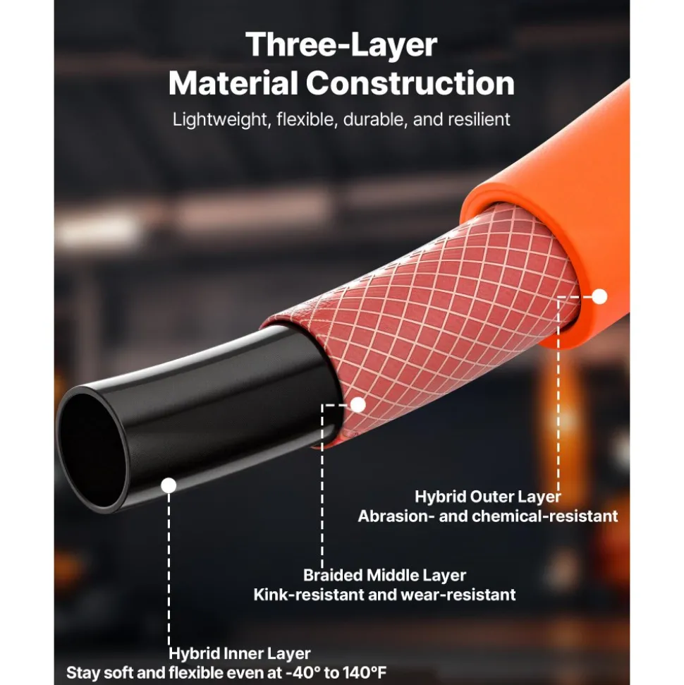 VEVOR Air Hose, 1/4" x 100FT Hybrid Air Compressor Hose, 300 PSI Kink-Resistant Pneumatic Hoses with 1/4-inch Solid MNPT Bras Fittings, Three-Layer Construction, All-Weather Flexibility