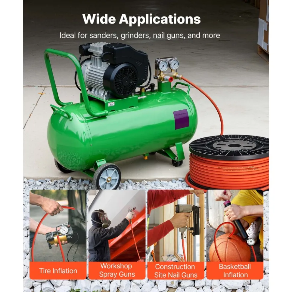 VEVOR Air Hose, 1/4" x 250FT Hybrid Air Compressor Hose, 300 PSI Kink-Resistant Pneumatic Hoses with Three-Layer Construction for Auto & Home DIY Projetcs, All-Weather Flexibility (No Fittings)