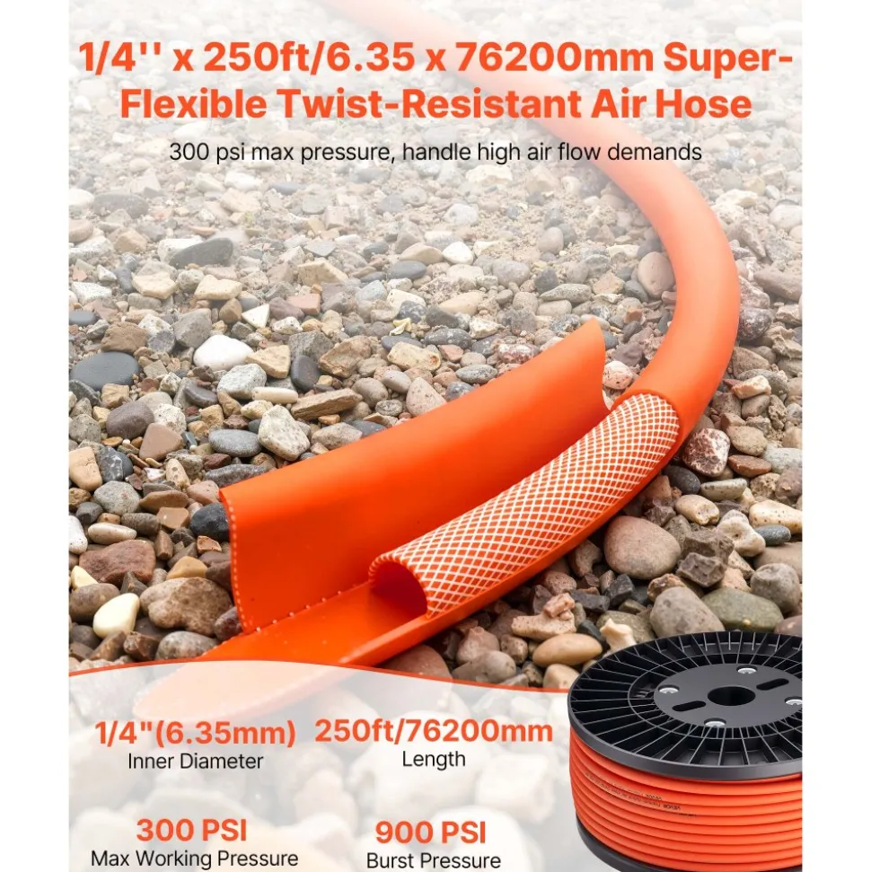 VEVOR Air Hose, 1/4" x 250FT Hybrid Air Compressor Hose, 300 PSI Kink-Resistant Pneumatic Hoses with Three-Layer Construction for Auto & Home DIY Projetcs, All-Weather Flexibility (No Fittings)