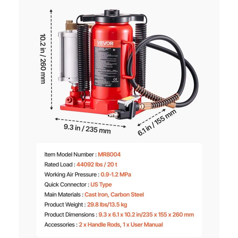 VEVOR Air Hydraulic Bottle Jack, 20 Ton (44092 lbs) Capacity, 10.2-19.5 Inch Lifting Range, Pneumatic/Manual Heavy Duty Welded Bottle Jack with Pump for Car, SUV, Pickup, Truck, RV, Auto Repair, Red