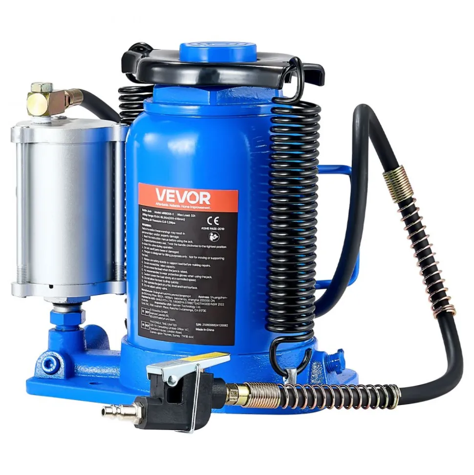 VEVOR Air Hydraulic Bottle Jack, 32 Ton (70546.9 lbs) Capacity, 10-16.3 Inch Lifting Range, Pneumatic/Manual Heavy Duty Welded Bottle Jack with Pump for Car, SUV, Pickup, Truck, RV, Auto Repair, Blue
