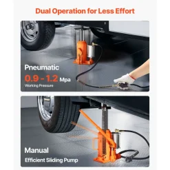 VEVOR Air Hydraulic Bottle Jack, 20 Ton (44092 lbs) Capacity, 10.2-19.5 Inch Lifting Range, Pneumatic/Manual Heavy Duty Welded Bottle Jack with Pump for Car, SUV, Pickup, Truck, RV Auto Repair, Orange