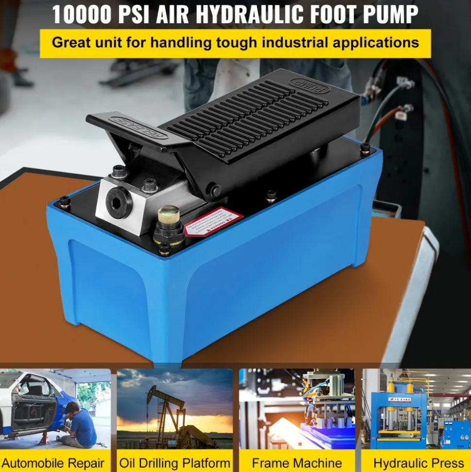 VEVOR Air Hydraulic Pump 10000 PSI Air Over Hydraulic Pump 1/2 Gal Reservoir Air Treadle Foot Actuated Hydraulic Pump 3/8" NPT with 6.56 ft Hose 2 Connector Single Acting for Car Repair (Blue)